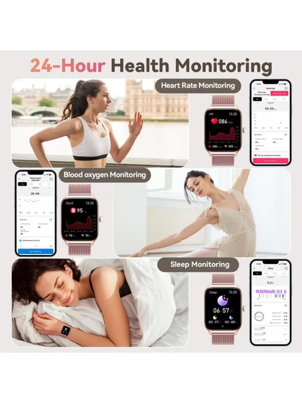 Stylish Rose Gold Smart Watch for Women - Fitness Tracker, Waterproof, Heart